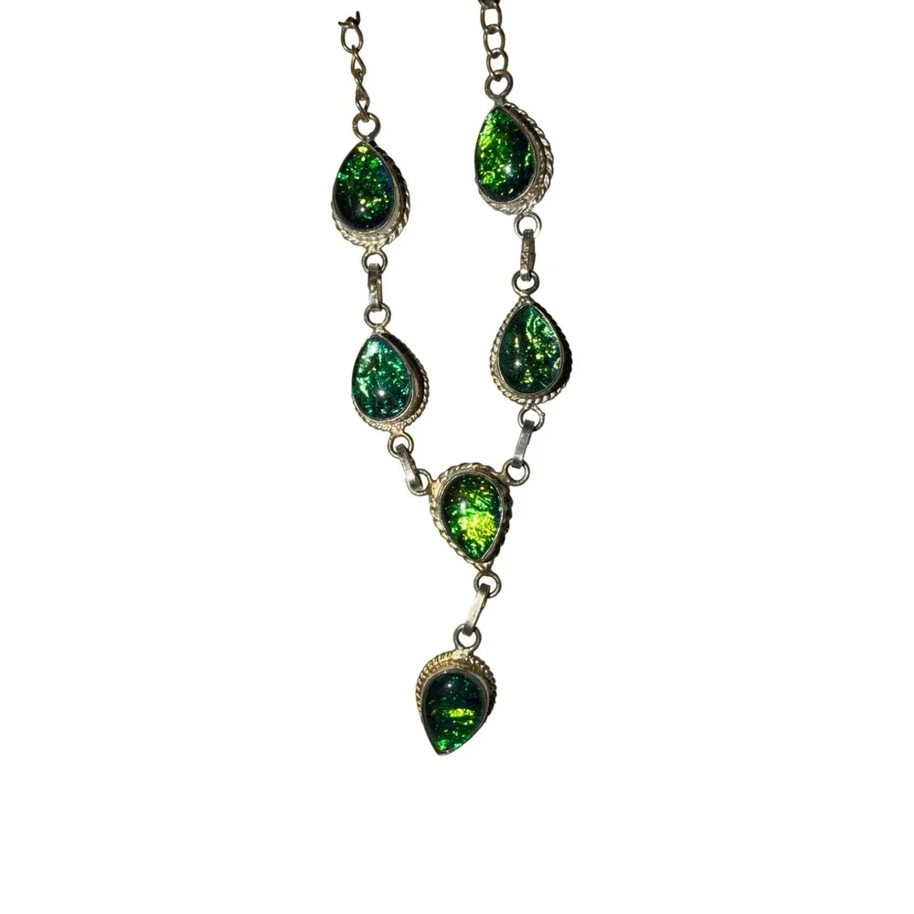 Vtg 925 Sterling‎ Silver Green Dichroic Glass Necklace Bracelet Earrings Set